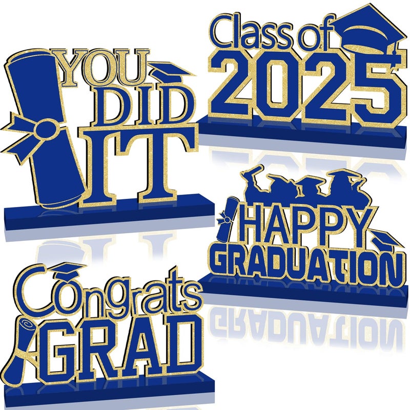 GINFTBRZGV 4 قطع ديكورات التخرج باللون الأزرق والذهبي فئة 2025 Congrats Grad قطع مركزية للطاولة الخشبية ديكورات طاولة التخرج لقطع مركزية التخرج - Image 1